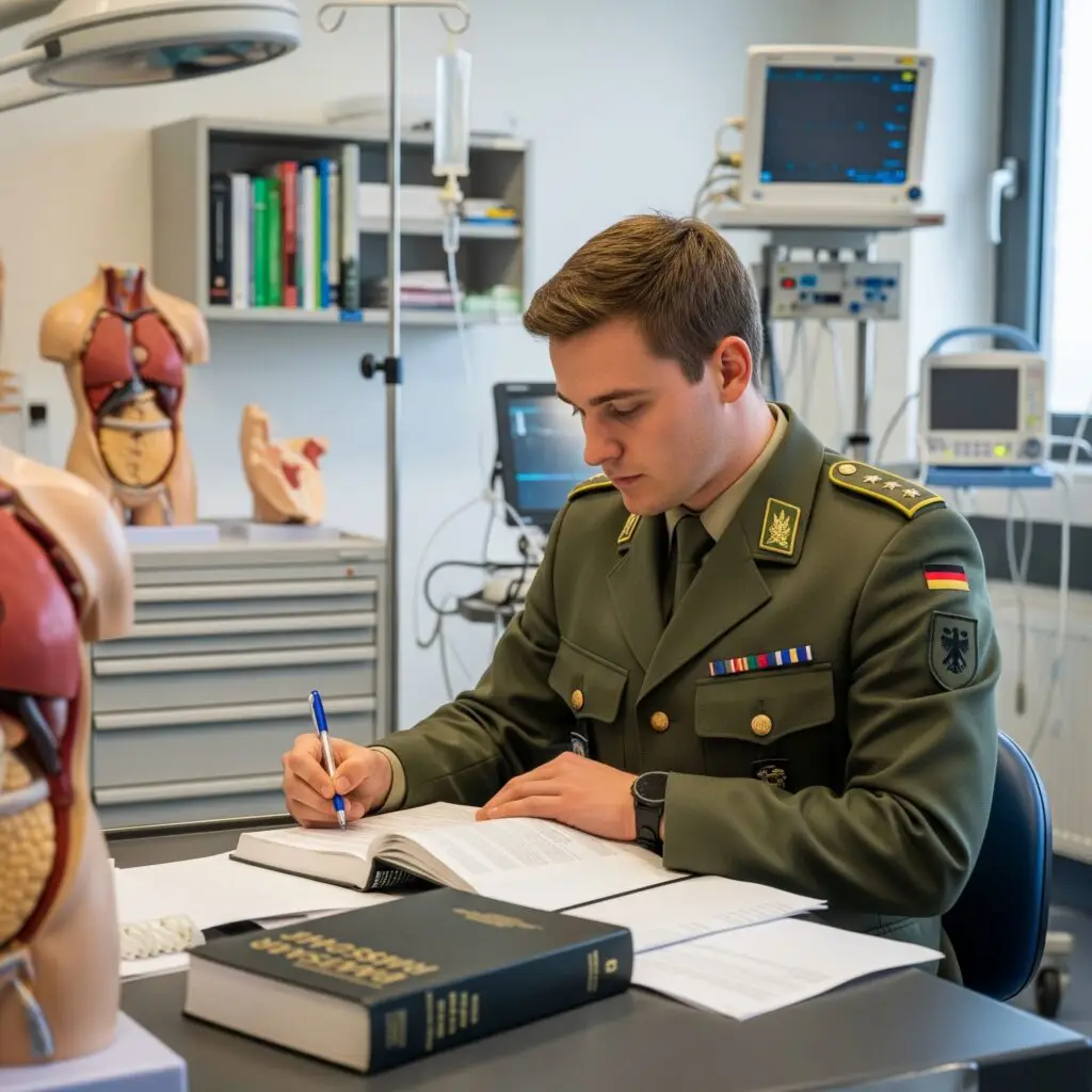 Medizinstudent in Bundeswehruniform studiert in einer militärmedizinischen Einrichtung.