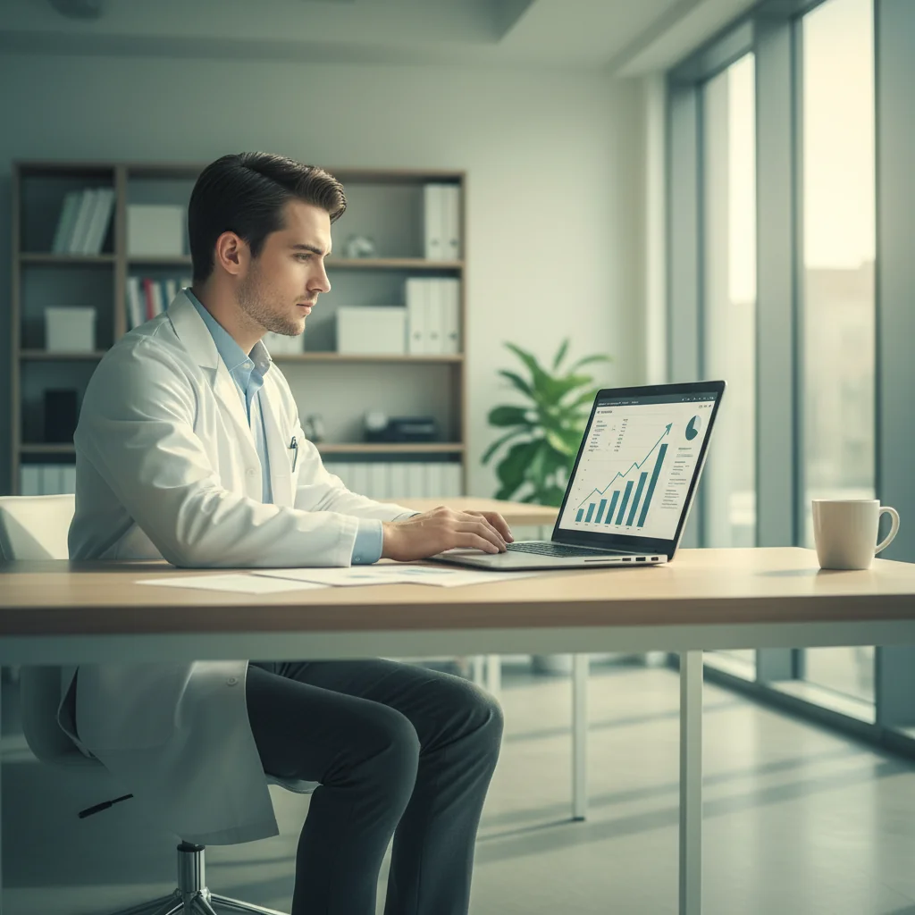 Junger Arzt im weißen Kittel analysiert Gehaltsdaten am Laptop in modernem Büro - was verdienen Ärzte?