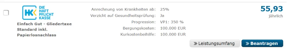 Haftpflichtkasse Unfallversicherung Standard-Tarif