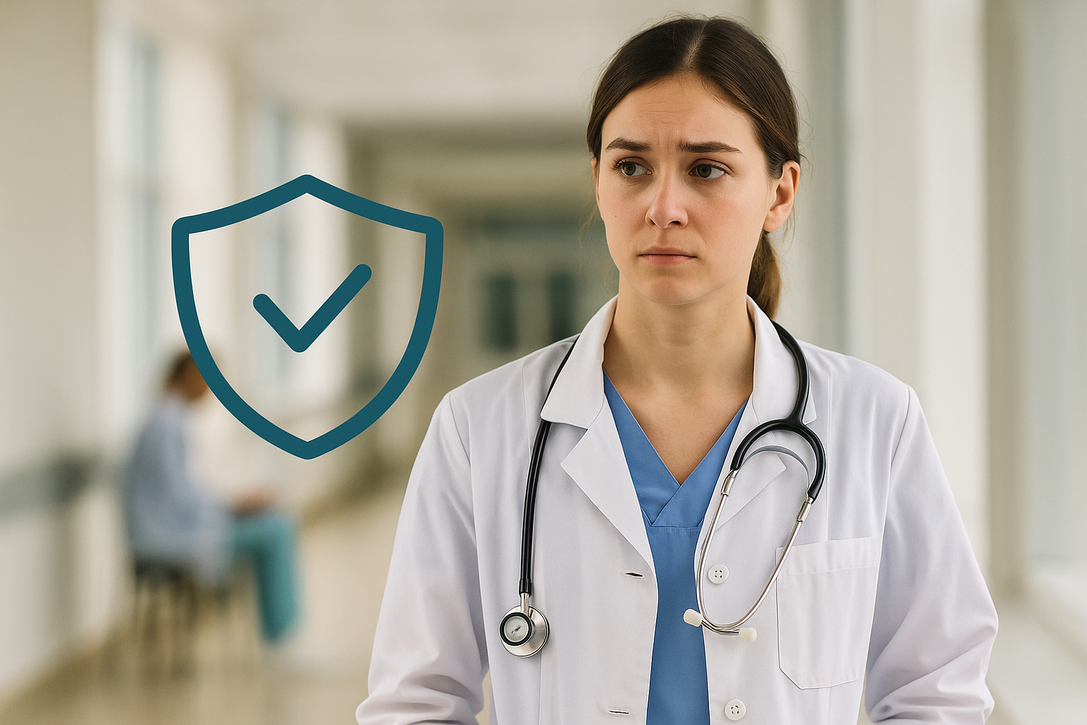 Beitragsbild: Medizinstudent im Klinikalltag mit Schutzschild-Symbol – Schadenbeispiel zur Berufshaftpflichtversicherung