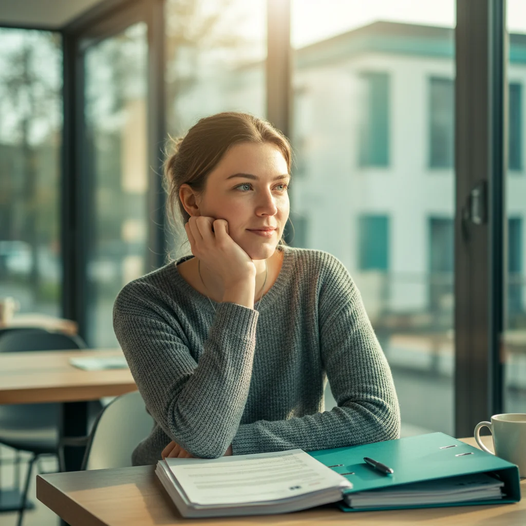 Junge Ärztin sitzt nachdenklich aber zuversichtlich mit Unterlagen in einem hellen Raum – BU-Versicherung trotz psychischer Vorerkrankung