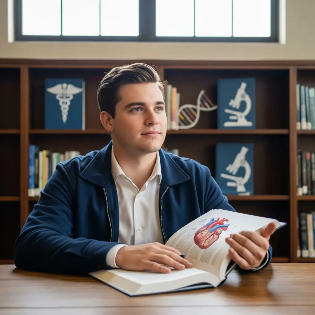 Junger Mann studiert Medizinbuch, symbolisiert alternative Wege zum Medizinstudium ohne NC.