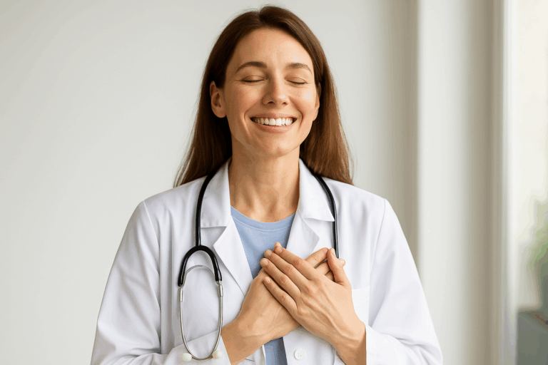 erleichterte Ärztin die Kundin bei Die DOC Supporter ist