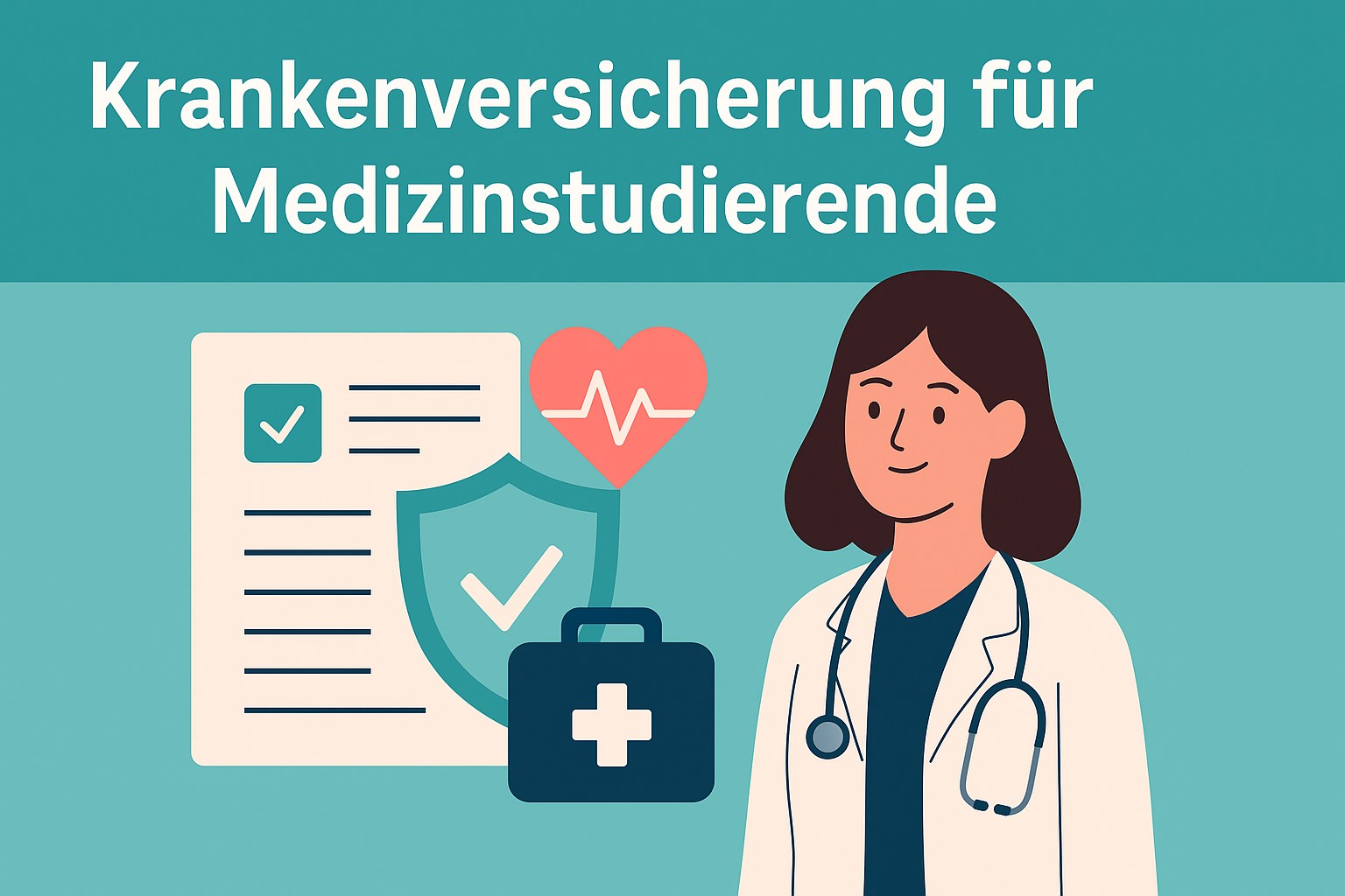 Illustration einer Medizinstudentin mit Stethoskop und Versicherungssymbolen – Beitragsbild zum Thema Krankenversicherung für Medizinstudenten