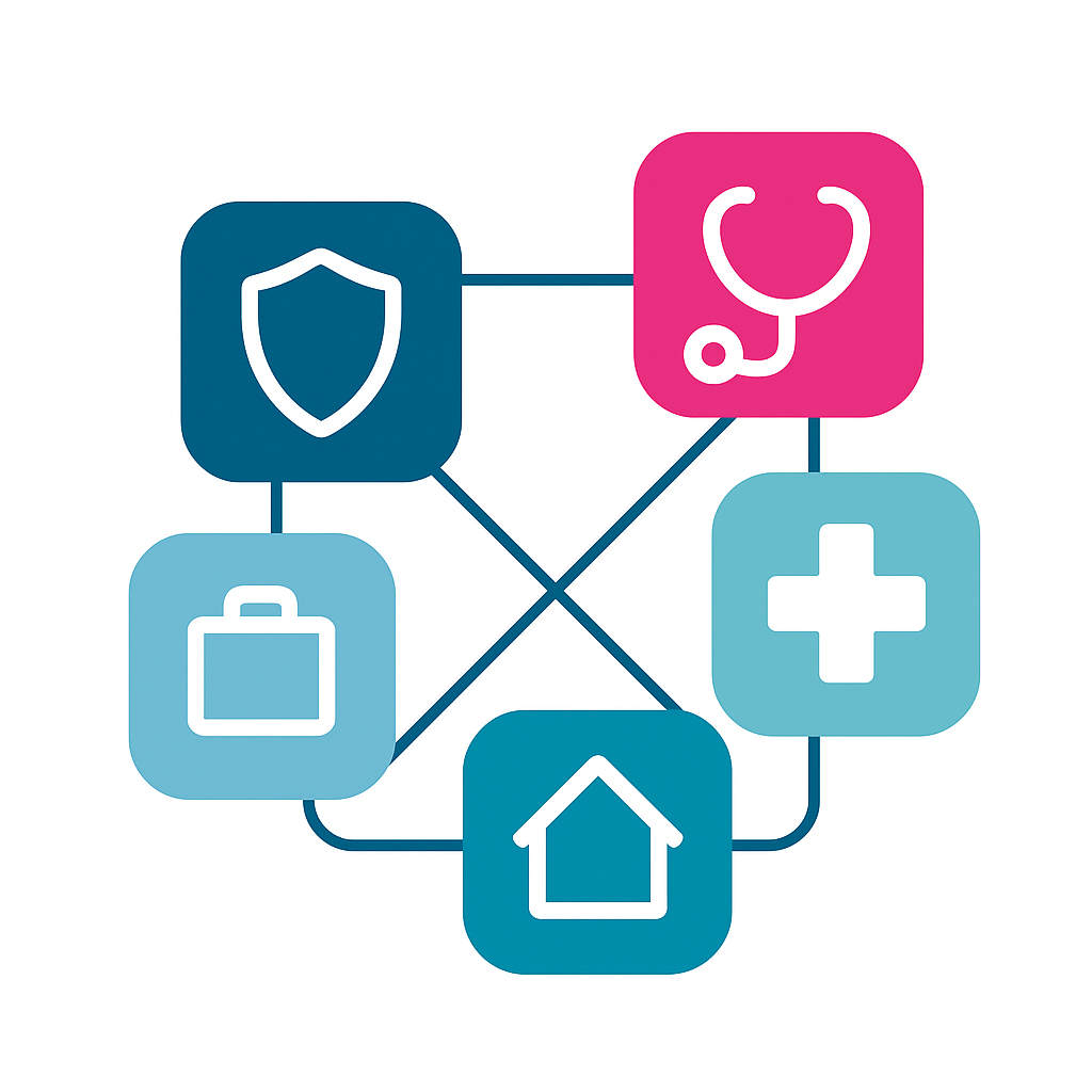 Übersichtsgrafik mit fünf farbigen Icons: ein Schild steht für Haftpflicht, ein Stethoskop für die Berufsunfähigkeitsversicherung, ein Kreuz für Krankenversicherung/Optionstarif, ein Koffer für Schutz im Praktischen Jahr und Ausland, und ein Haus für die Hausratversicherung. Die Symbole sind über Linien miteinander verbunden und in den Doc‑Supporter‑Farben Blau und Pink gestaltet.