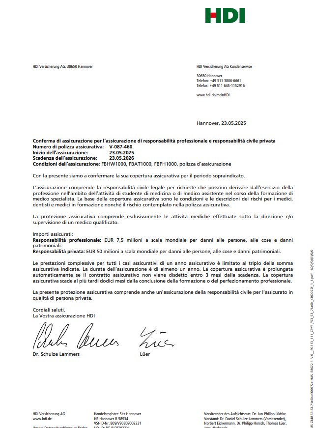 Italienischsprachige Versicherungsbestätigung der HDI Berufshaftpflicht für Medizinstudenten – als Nachweis für Auslandsfamulatur oder PJ in Italien