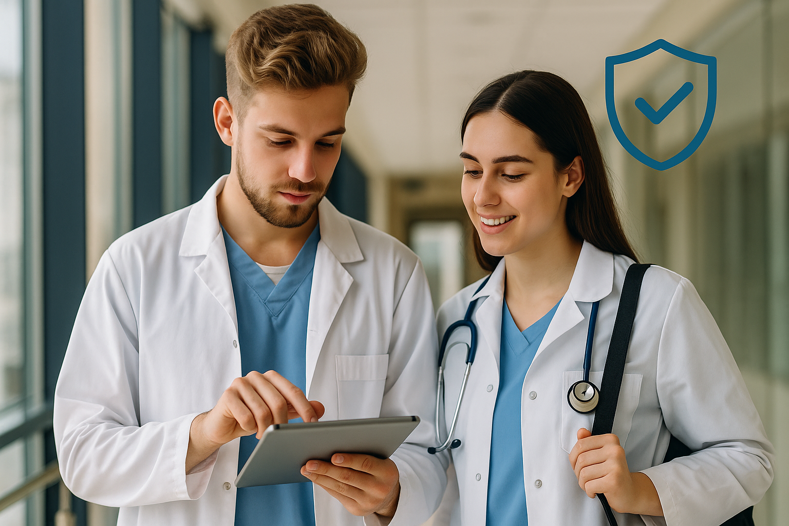 Medizinstudenten im Klinikflur mit Schild-Symbol – Famulatur im Medizinstudium