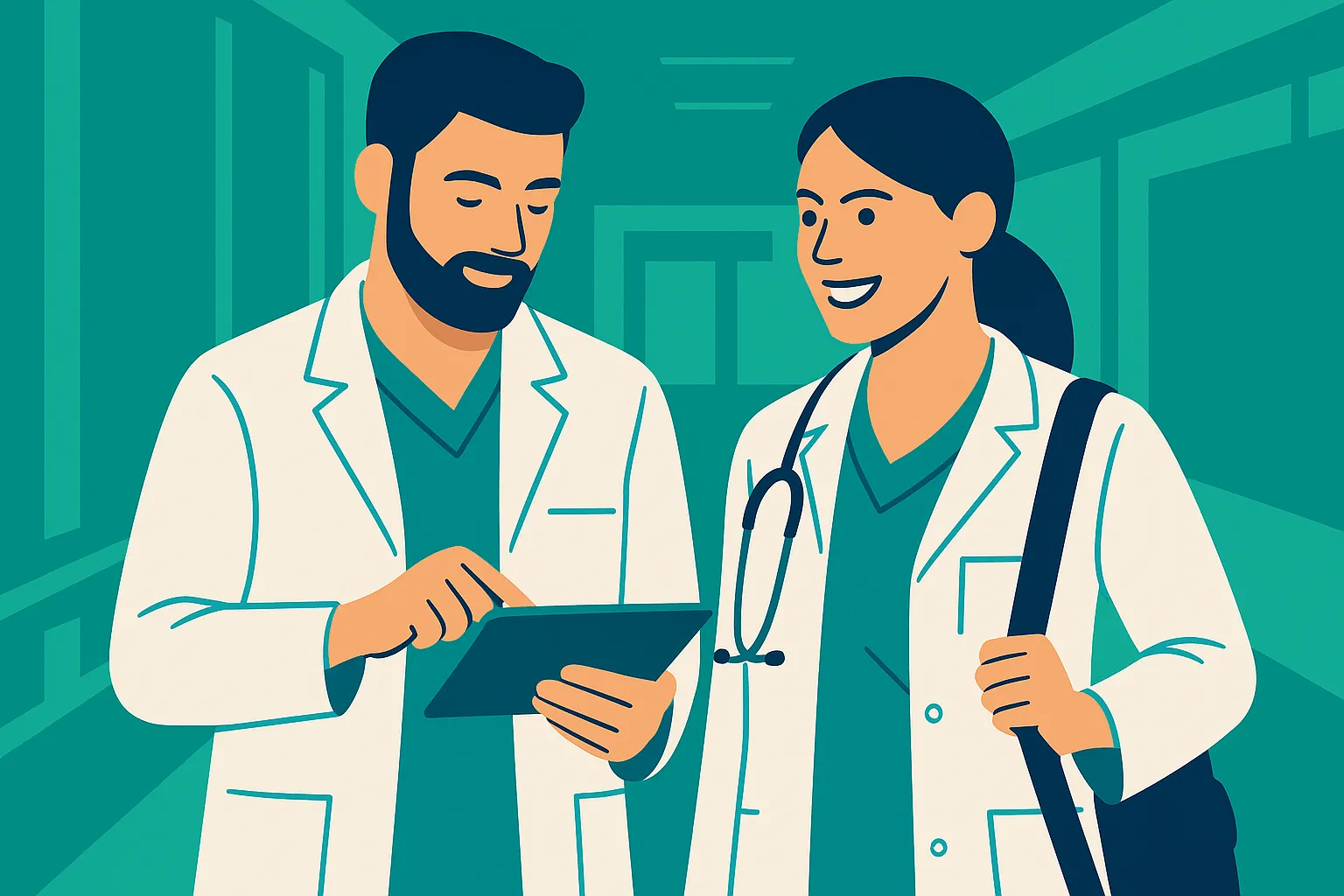 Illustration im DOC Supporter Stil: Zwei Medizinstudenten im Praktischen Jahr (PJ) im Gespräch mit Tablet.