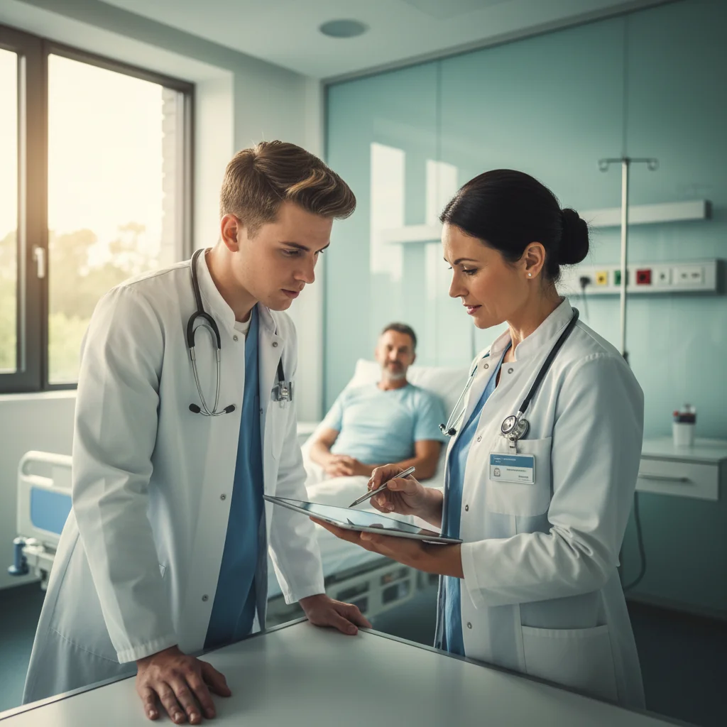 Medizinstudent und Oberärztin besprechen Patientenakte während der Famulatur Ausland im Krankenhaus