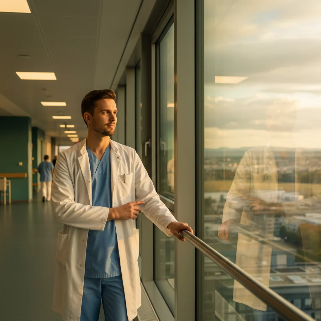 Assistenzarzt steht nachdenklich am Krankenhausfenster und blickt in die Ferne – Freiheit versus Klinikalltag