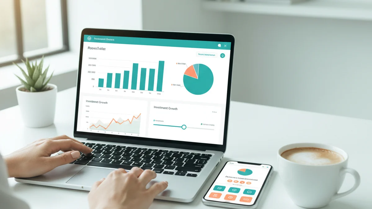 Hände bedienen einen Laptop mit interaktivem Finanz-Dashboard und Rechner-Tools, Bedarfsrechner für Ärzte – daneben ein Smartphone mit derselben App