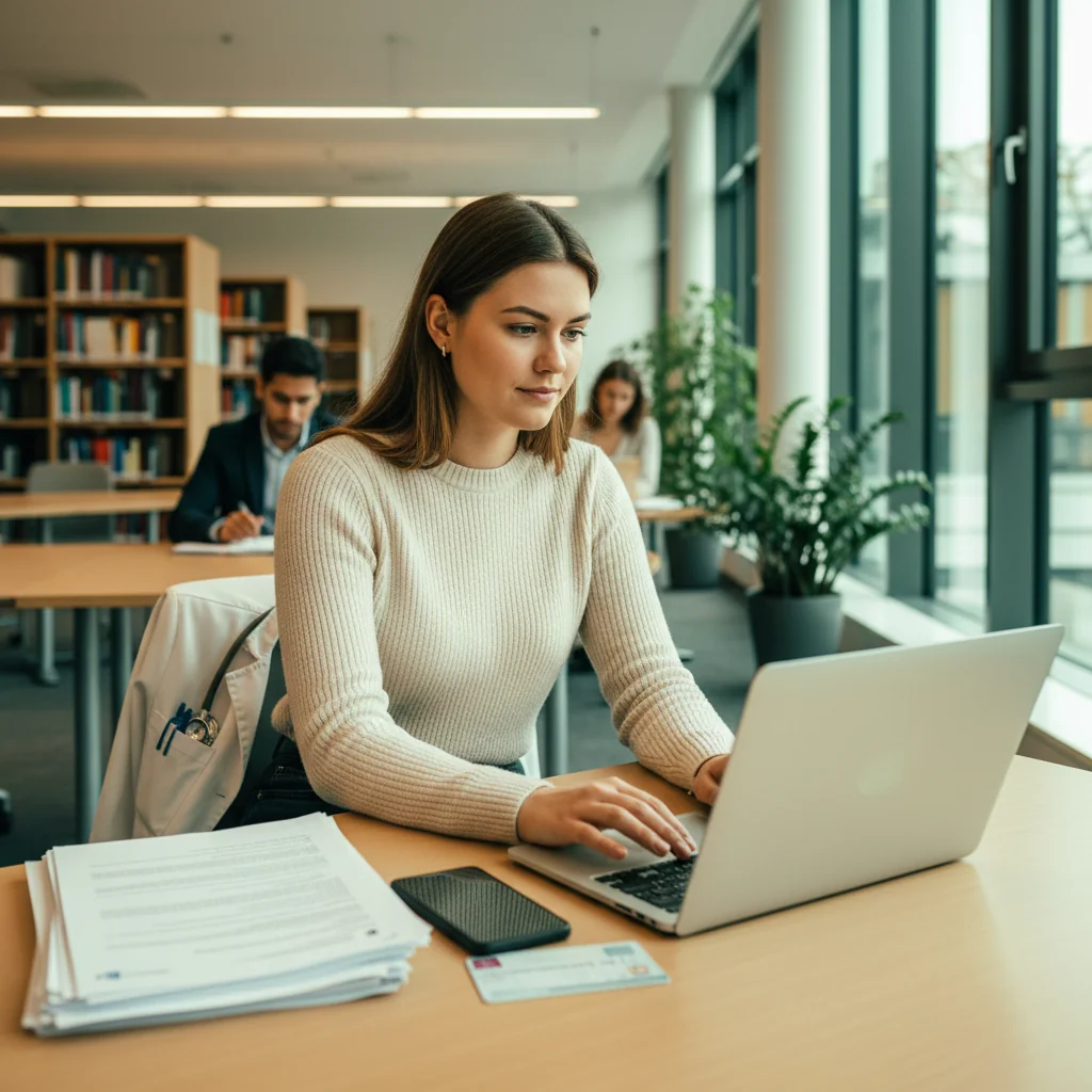 Medizinstudentin recherchiert Krankenversicherungsoptionen am Laptop in moderner Universitätsbibliothek - Krankenversicherung Medizinstudenten