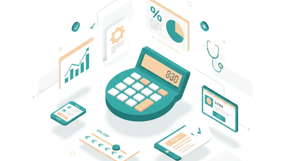 Isometrische Flat-Illustration einer Finanz-Toolsammlung mit Taschenrechner, Diagrammen, Gehalts-Slider und medizinischen Symbolen in Teal und Sand