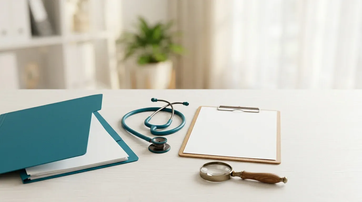 Teal-Mappe, Stethoskop, leeres Clipboard und Lupe auf hellem Schreibtisch – Aufbereitung Gesundheitshistorie für die BU-Versicherung und PKV.