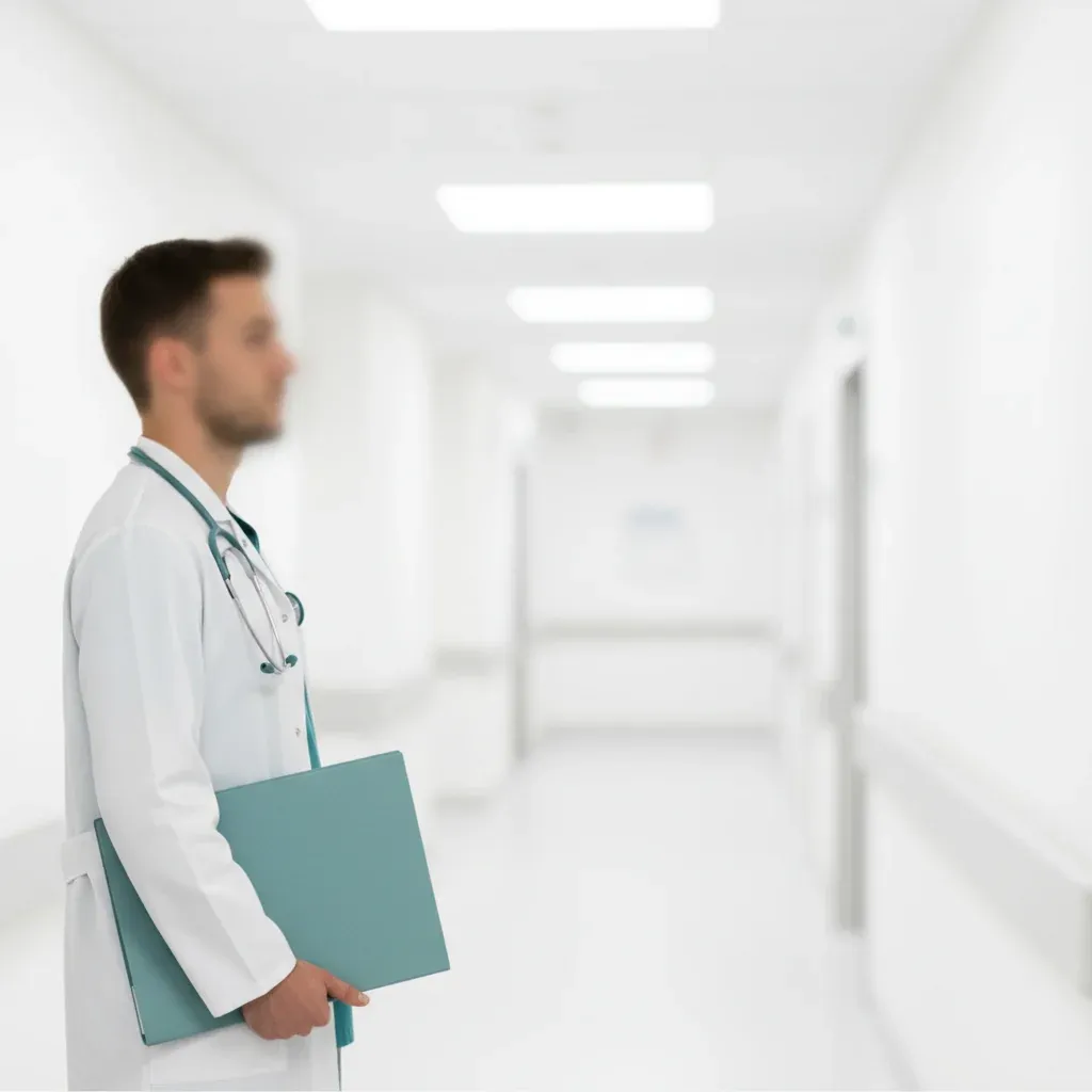 Unscharfer Arzt im hellen Klinikflur mit Stethoskop – Berufsunfähigkeitsversicherung für Aerzte.