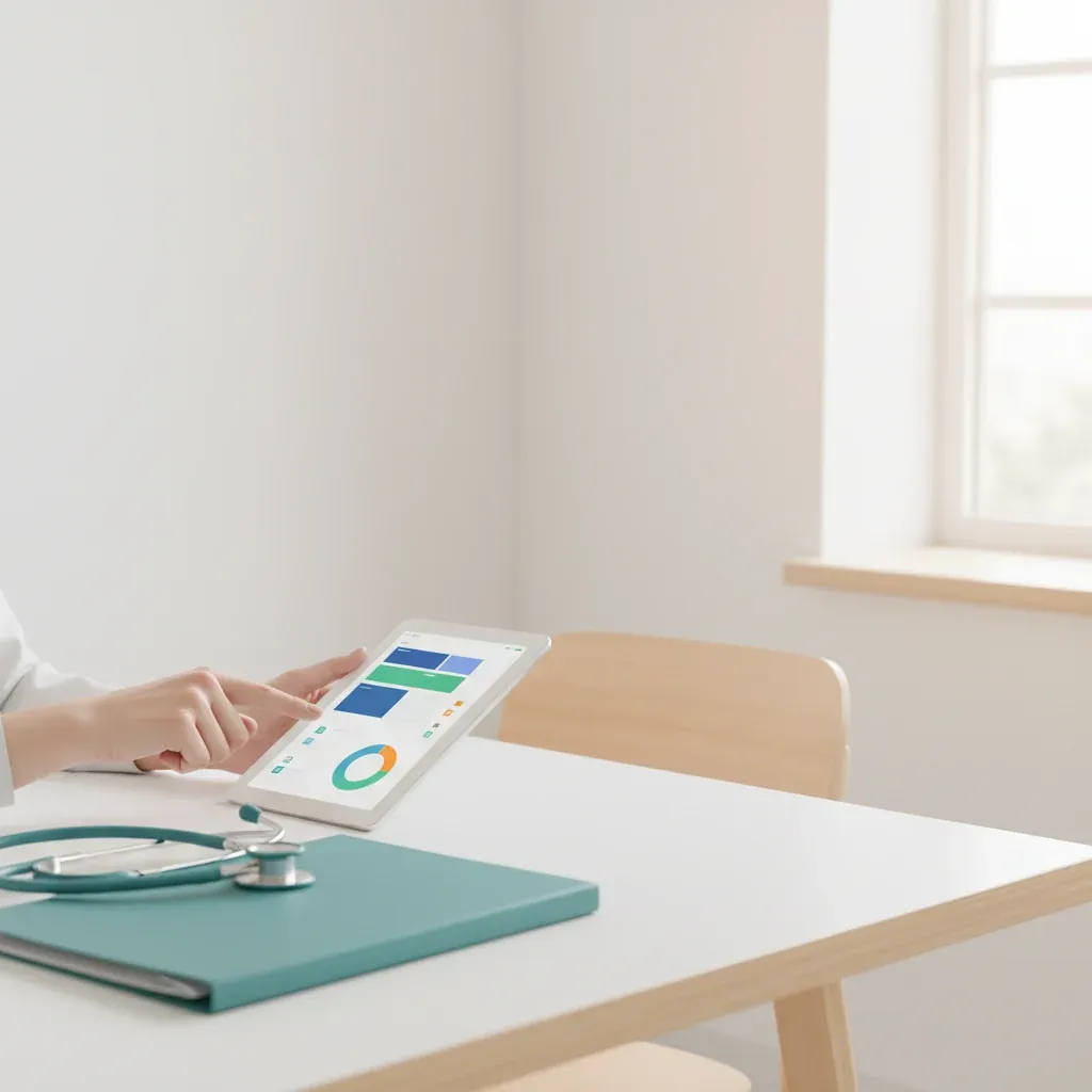 Hand zeigt auf Tablet mit abstrakter Leistungsübersicht in heller Praxislounge – Stethoskop und Teal-Mappe auf weißem Tisch, Kinderwunschbehandlung PKV.