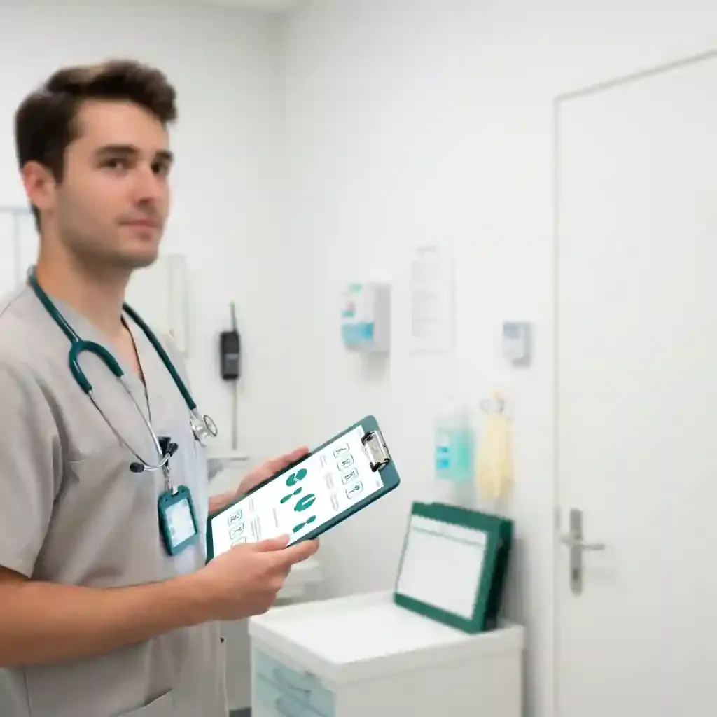 Unscharfer Medizinstudent im Klinikflur mit Stethoskop und Klemmbrett, viel freier Raum für Text.