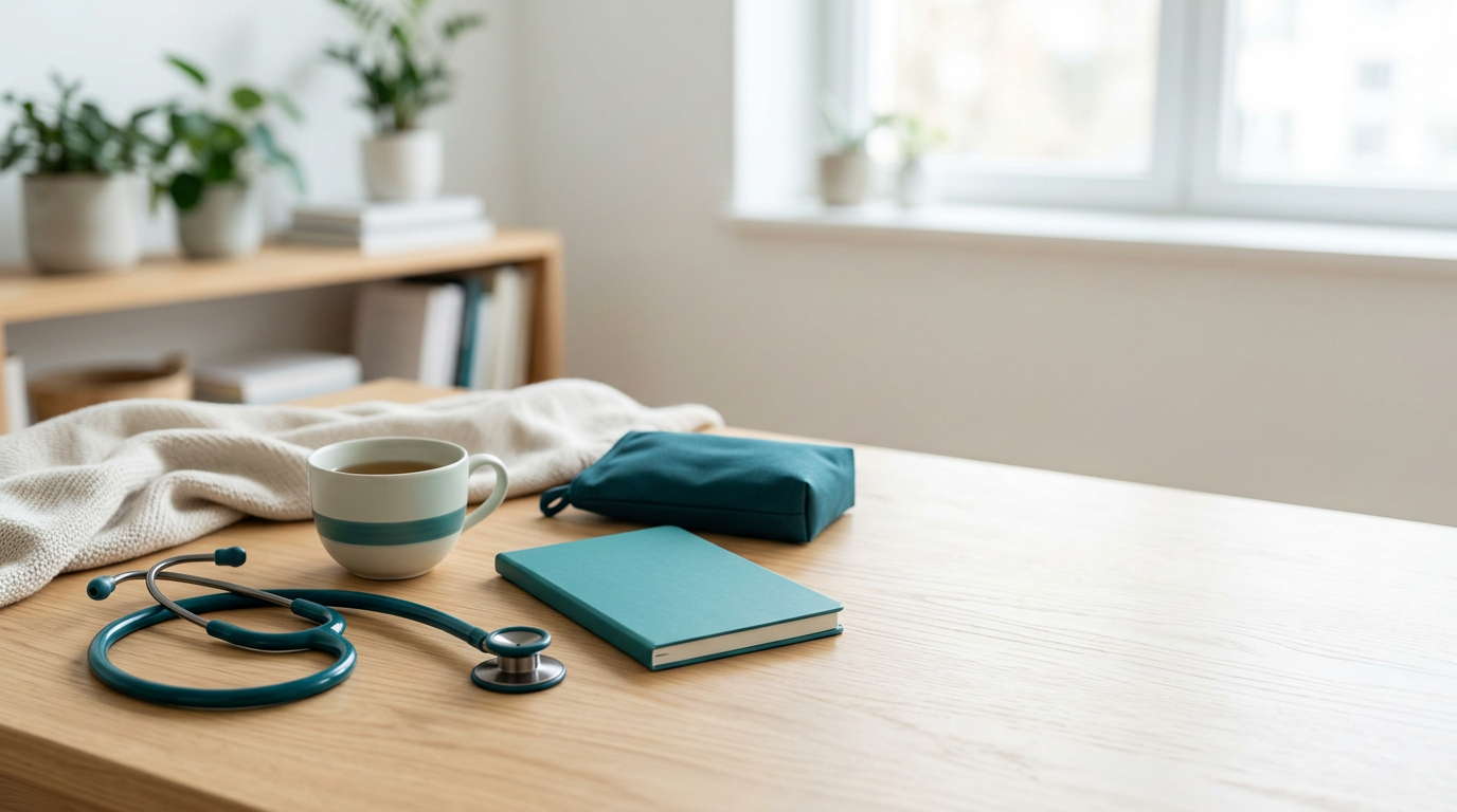 Stethoskop, Teetasse, Decke und neutraler Umschlag auf hellem Tisch – Krankentagegeldversicherung für Ärzte.