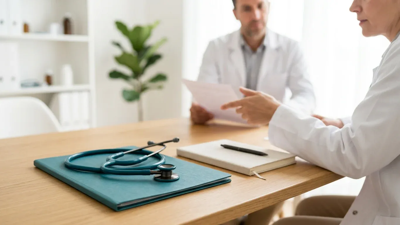 Stethoskop und Teal-Mappe in heller Beratungsszene – Krankenversicherung für Ärzte.