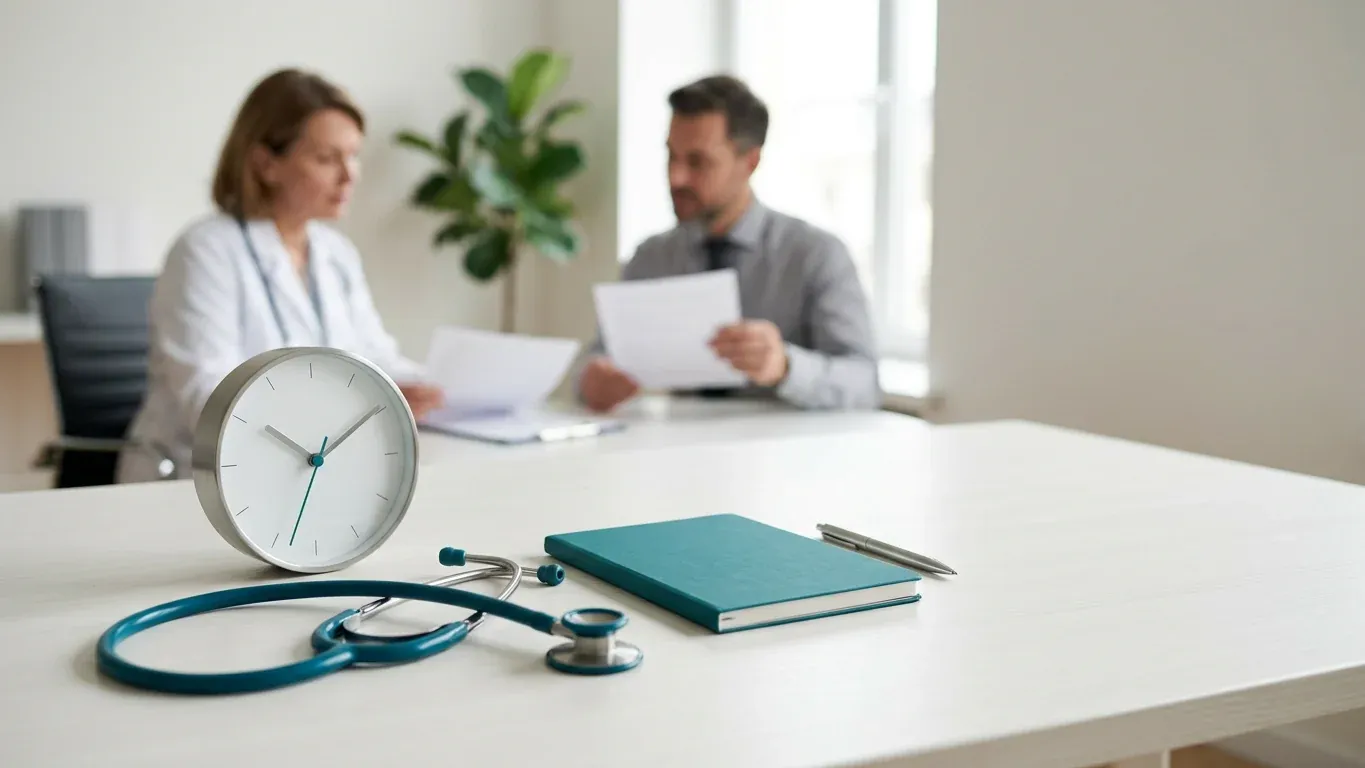 Stethoskop und schlichte analoge Uhr auf hellem Schreibtisch – BU bis zu welchem Alter für Ärzte.